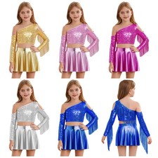 Girls Set One Shoulder Dancewear High Waist Outfit Festival 2 Pcs Tassel Stage