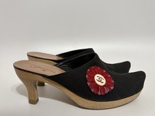 Vtg Chanel Black Canvas CC Logo Flower Clogs Mule Heels 36