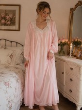 Vintage Shadowline Pink Nylon Peignoir Robe Nightgown Set L Lace Long Gown
