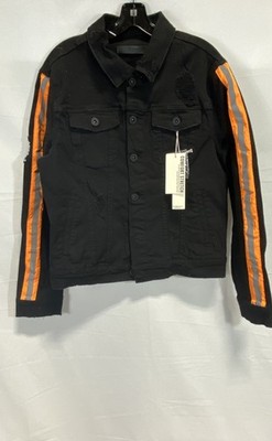 KDNK Men's Black Distressed Striped Reflective Trucker Jacket Comfort Stretch M