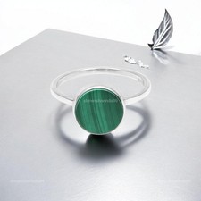 Solid Silver Round Malachite Gemstone Engagement Promise Band Bezel Ring Size 6