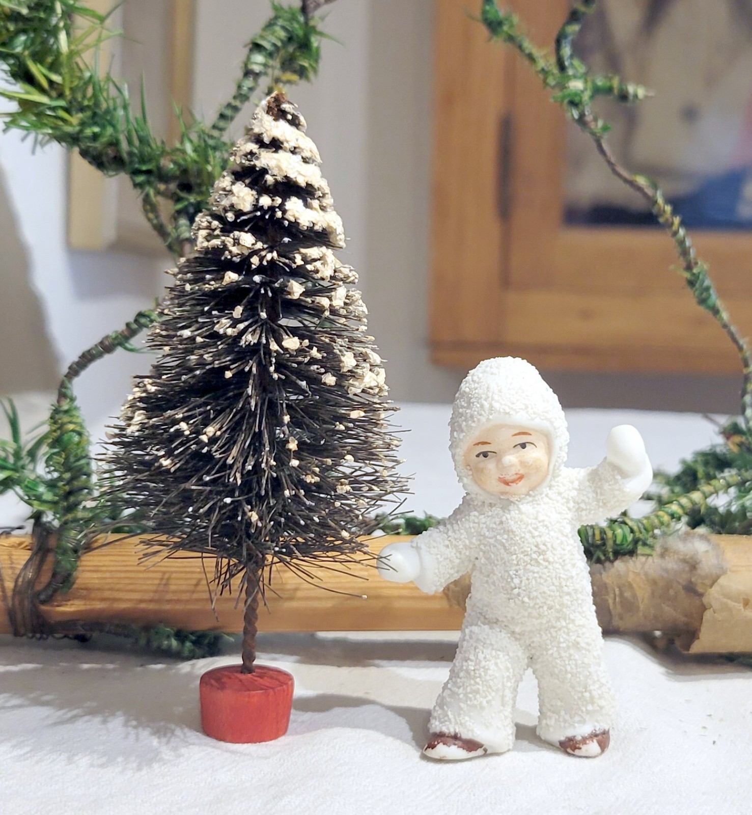 Antique German Snow Baby, With Arms in Happiness.  1920s Minature Figure.