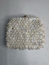 Vintage Beaded Sequin Evening Clutch Purse White Pearl Bead Handbag