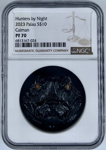 2023 Palau $10 Hunters by Night Caiman 2 Oz Silver Coin NGC PF 70 UHR Obsidian