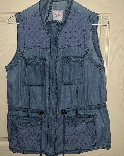 Candie's Vest Eyelet Safari Utility Cargo Blue Lgtwt Drawstring Zip Snap Sz M