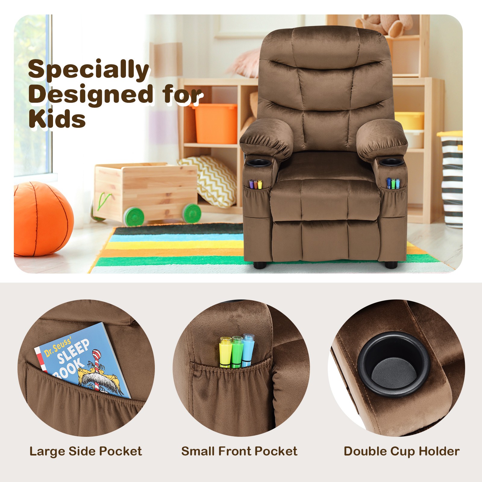 Honeyjoy Kids Youth Recliner Chair Velvet Fabric Armrest Sofa w/Cup Holder Brown
