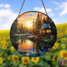 Cabin in Forest Stained Glass Suncatcher   Sunset Lake House Round Window