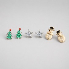 3 Pairs Christmas Pierced Earrings Snowman Christmas Tree Stars Festive h-