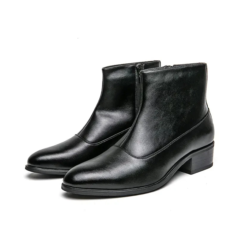 Vestido formal masculino biqueira pontiaguda com zíper lateral business tornozelo botas salto bloco couro ecológico - Imagem 2 de 4