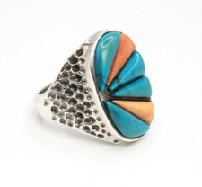 Contemporary Sterling Silver Navajo Turquoise Spiny Oyster Inlay Textured Ring