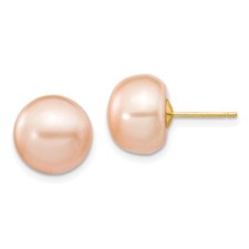 Real 14K Yellow Gold 10-11mm Pink Button FW Cultured Pearl Stud Post Earrings