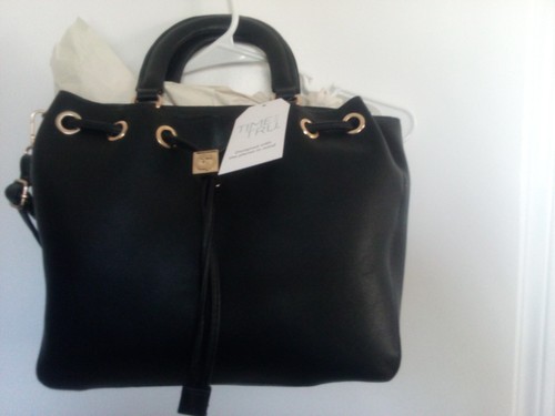 Time and Tru Women's Brynlee Faux Leather Drawstring Tote Handbag Black NWT