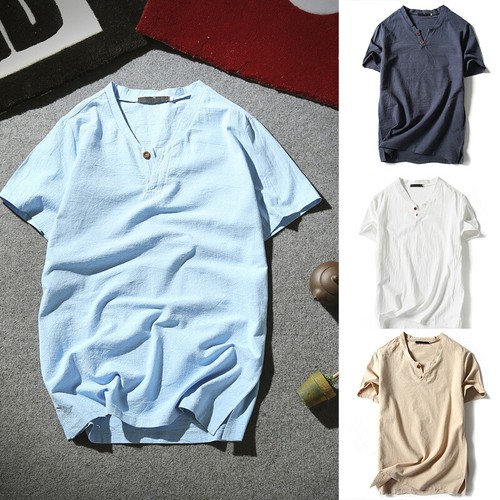 Retro Men Casual Cotton Linen Short Sleeve V-Neck T-shirt Tops Blouse Tee New - Picture 7 of 42