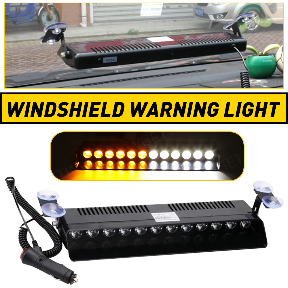 Windshield 12-LED Strobe Light Car Truck Emergency Warning Light Bar White Amber