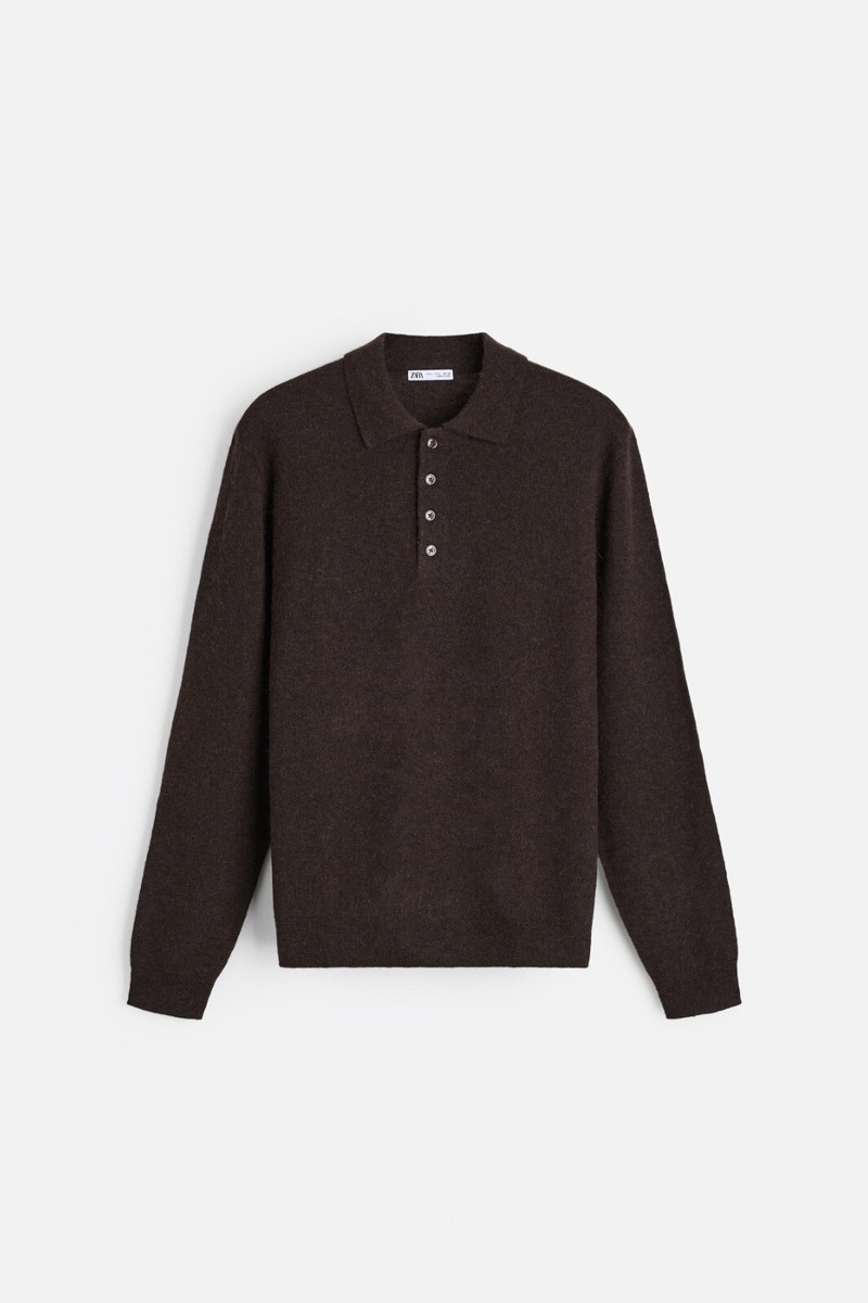 トップス ZARA ORIGINS wool alpaca Knit Best US M New Zara Origins Cotton-Wool Knit Polo Shirt 2893/359 Brown