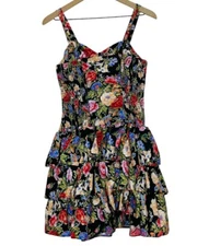 Vintage Boutique Europa Black Floral Ruffled Tiered Flouncy Mini Dress Size 6