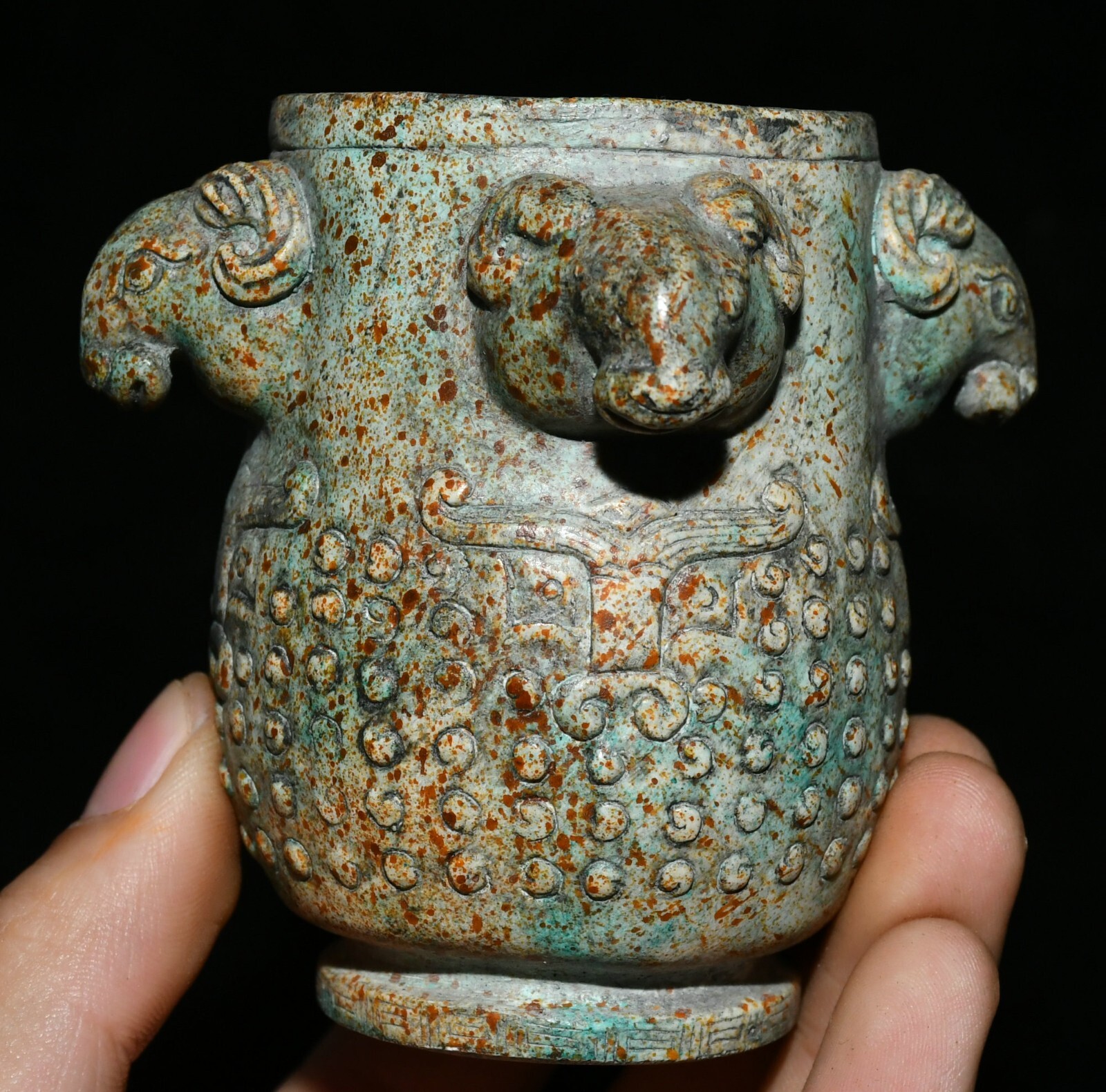 9CM Chinese Liangzhu Culture Old Jade Carve Sheep Goat Head Jar Pot