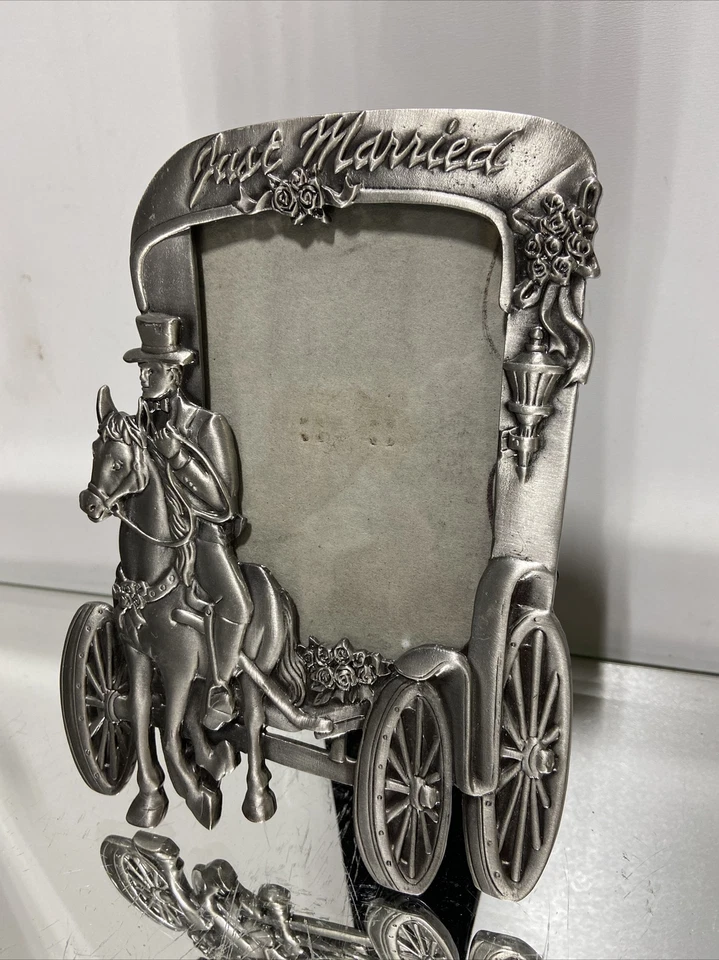 Pewter Metal Wedding Picture Frame Just Married Old Fashion Horse Drawn - Image 2 of 4
