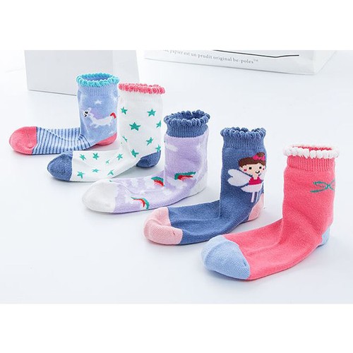 5Pack Cotton Lace Crew Socks Cartoon Animal/Rainbow/Unicorn/Fairy Girls Boys Kid - Picture 3 of 6
