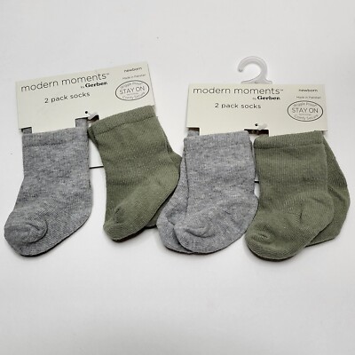 Gerber Modern Moments 4 Pair Socks Newborn Gray Green Unisex Wiggle Proof New