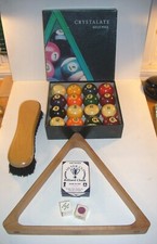 Vintage CRYSTALATE Boxed Pool Ball Set & Wood Rack & Brush & Box of Chalk