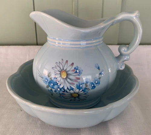Vintage McCoy Baby Blue Pitcher and Bowl Daisy Marked # 7528 Made In USA