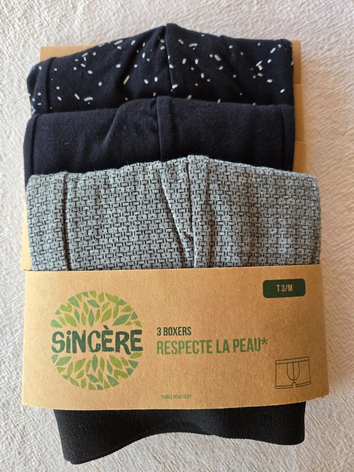 3 boxers taille 3/M noir, gris et blanc marque Sincère Label Oeko-Tex (g) - Photo 1/2