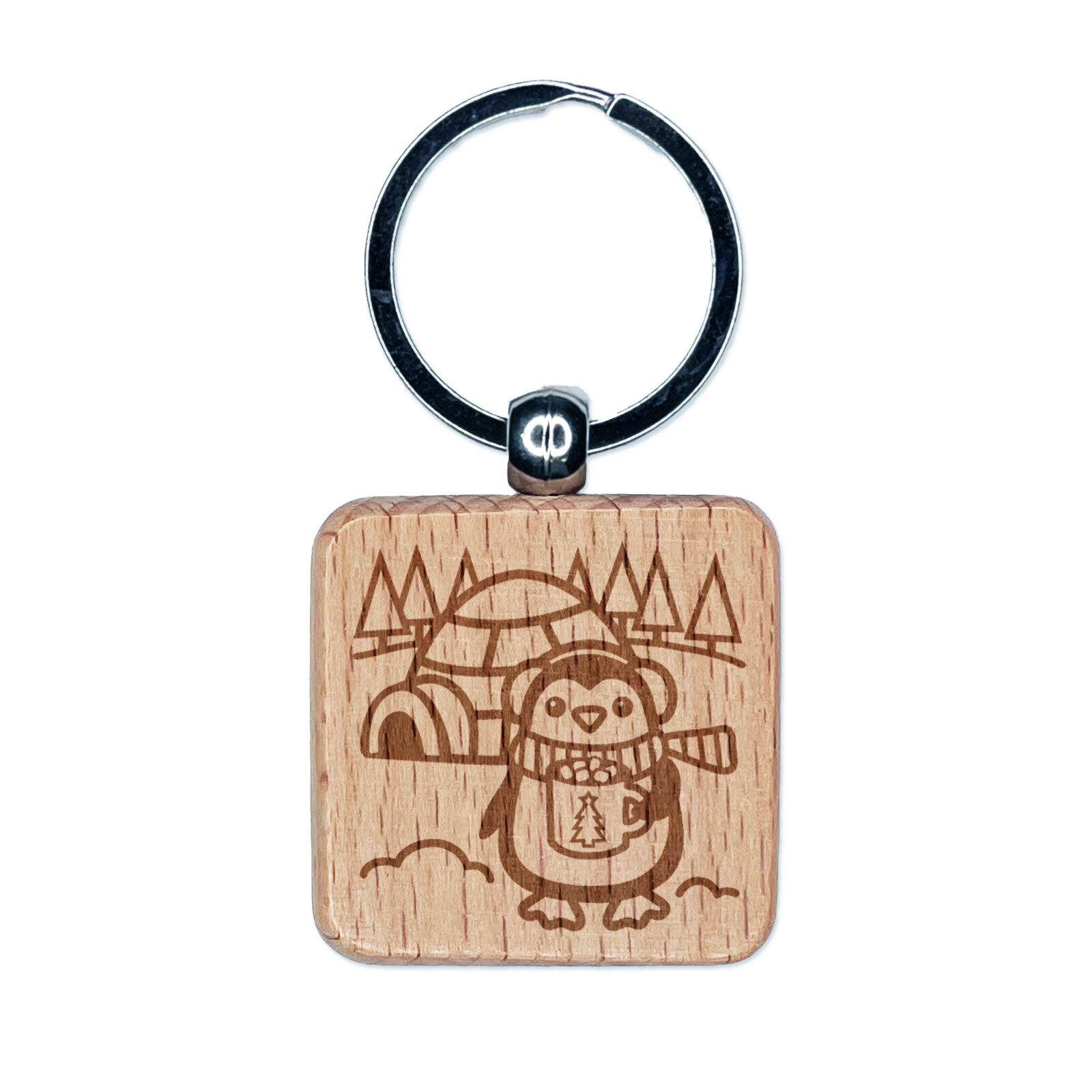 Winter Penguin Igloo and Hot Chocolate Engraved Wooden Keychain Charm  