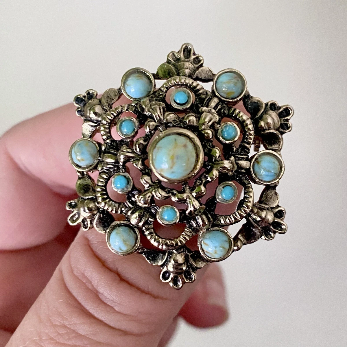 Vintage ARCANSAS Elizabeth Reimer GOLD Tone TURQUOISE Cabochon BROOCH Pendant