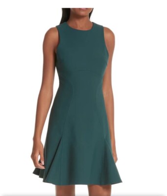 Timeless Cinq A Sept Elizabeth Fit & Flare Dress Green Pleated Sz 10 Classic