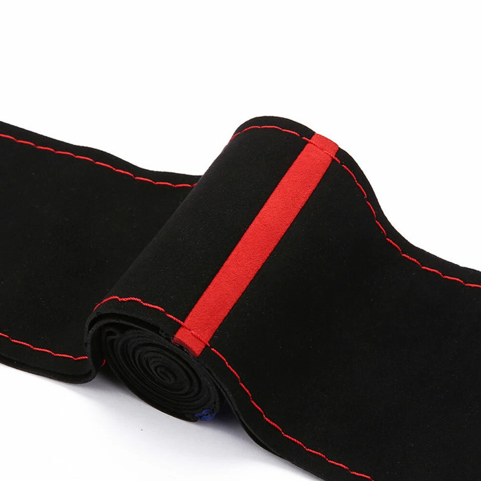 Red Suede Leathe Car Steering Wheel Cover Non-Slip Protector 38cm Accessories - Image 4 of 4