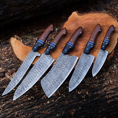 5 pieces Hand Forged Damascus Steel Kitchen Chef Knife set with Leather Roll Bag