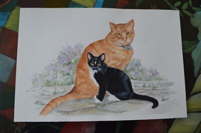 Orig. Watercolor Art Felicia Foster Two Cats Too Adorable Ready for Mat & Frame