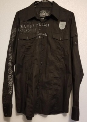 Roar Enough Excuses Casual Button Dress Shirt Single Pearl Snap Black Sz L
