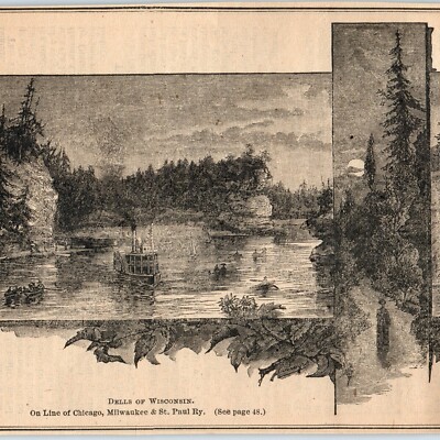 1890 Wisconsin Dells Steamer Engraved Print Steam Ship Boat on CM&StP Railway 1N