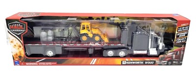 NewRay 1/32 Model Long Haul Trucker Kenworth W900 Black Flatbed Trailer Back Hoe
