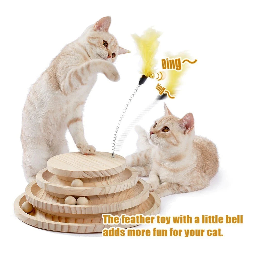 Cat Track Rotating Ball Toys Play Sisal Tower Kitten Wooden Turntable 3 Layer Pe