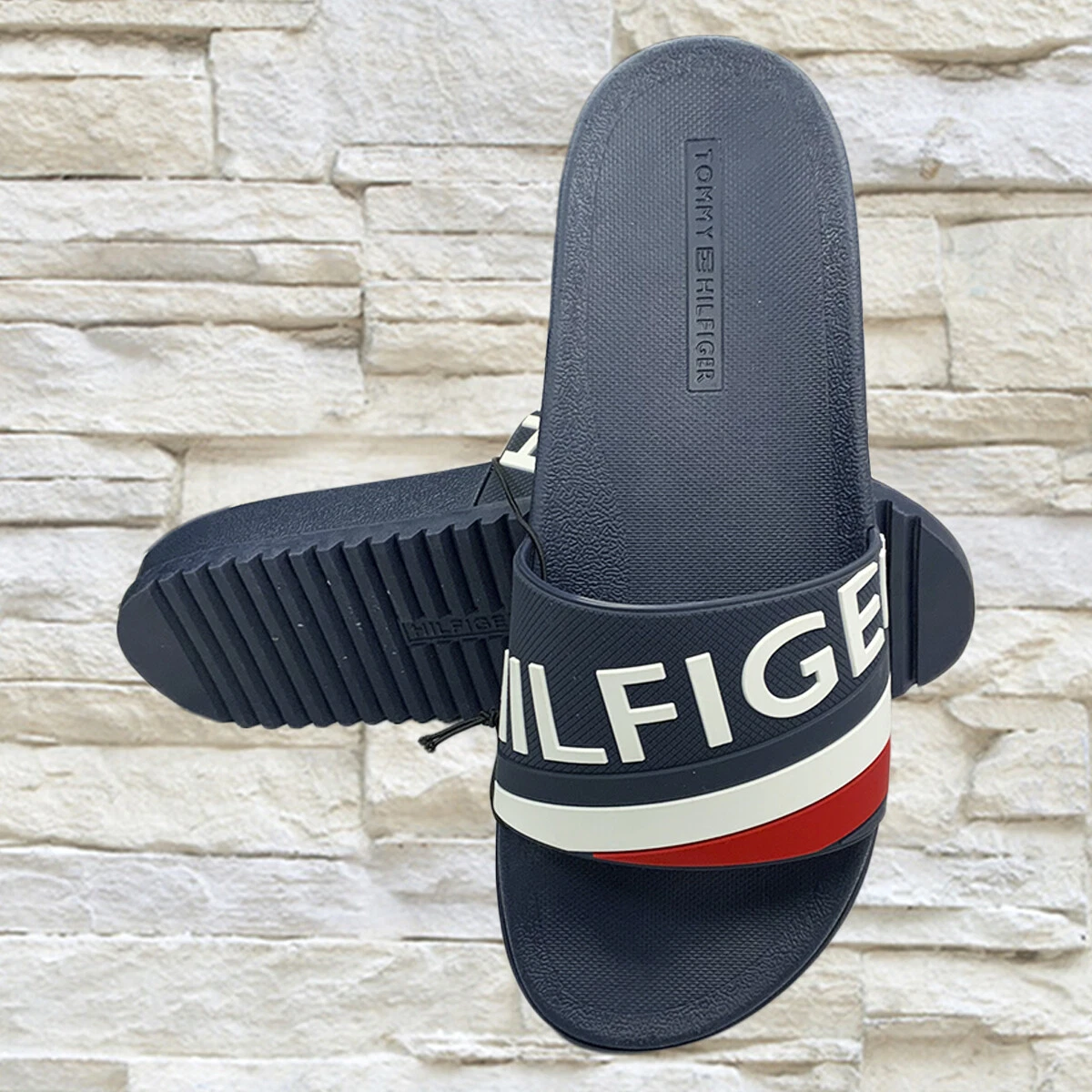 NWT TOMMY HILFIGER MSRP 59.99 MEN NAVY BLUE CLEAR SLIP ON DELSIE SLIDES SANDALS
