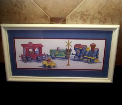 Vintage Train Picture Railroad Crossing Framed Ava Freeman HOMCO Teddy Bears Art