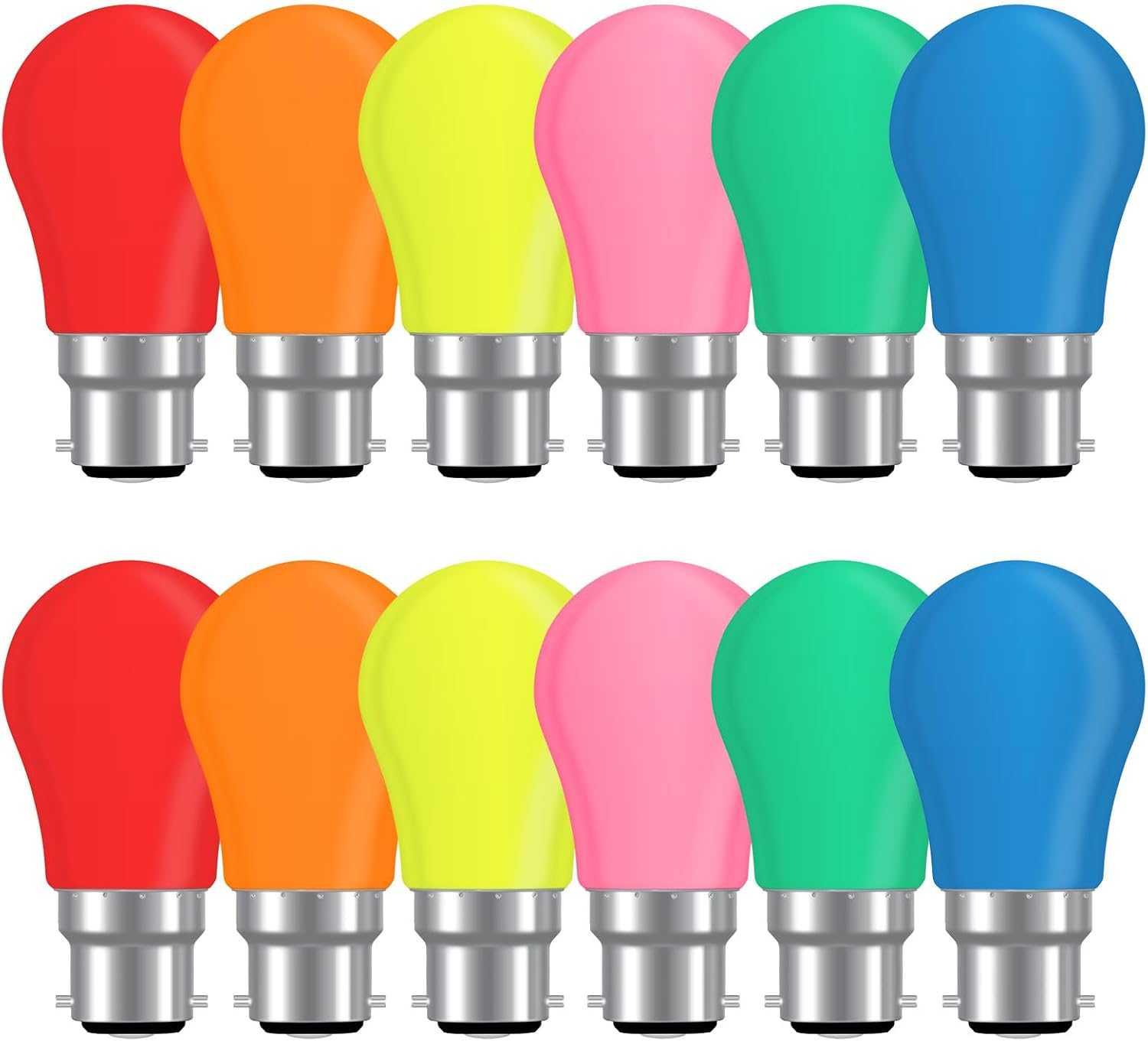 12 Pack B22 Bayonet Coloured LED Bulbs 2W, Equivalent 20 Watt Incandescent, AC 2