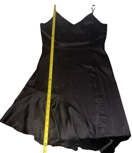Asymmetrical Spaghetti Strap Dress Size L Black Satin V Neck Ruffle Prom Dance - Picture 7 of 13