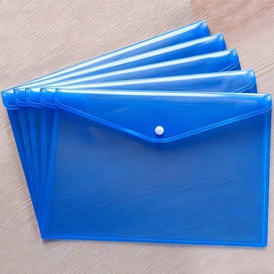 A4 Clear Plastic Filing Envelope Transparent Document Holder Snap Button Blue