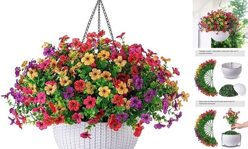 Artificial Faux Hanging Plants Flowers Basket for Outdoor Outside Spring