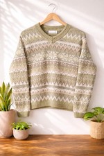 Vintage 90s Fair Isle Sweater Green Nordic Knit Cozy Women s Large