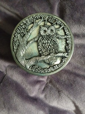 Vintage Metzke pewter trinket box Circa 1970 3D owl design Authentic