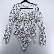 YOZY Floral Ribbed Long Sleeve Bodysuit White Black Ruched Square Neck XL NWT