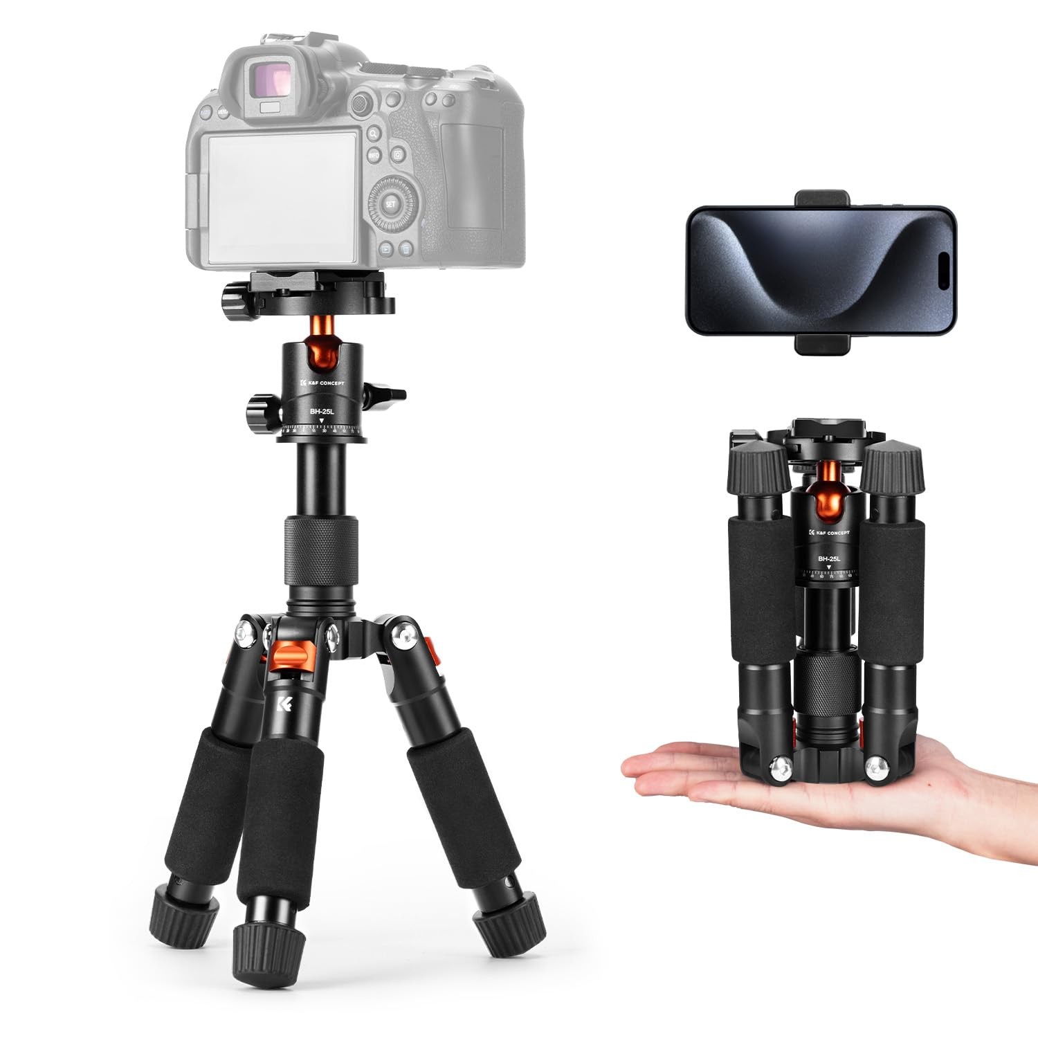 Trépied de bureau compact de 52cm en aluminium noir pour appareil photo et smartphone