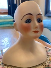 Vintage Porcelain Bisque Doll Head & Handmade Glass Eyes, Signed by Artist 1976