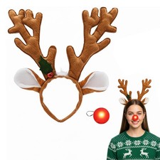 Reindeer Antlers Headbands with Red Nose Light Up Clown Rudolph Nose Costume Set
