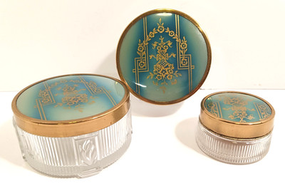 Set of 3 Vintage Art Deco Ribbed Frosted Glass Asain Design Footed Vanity Jars